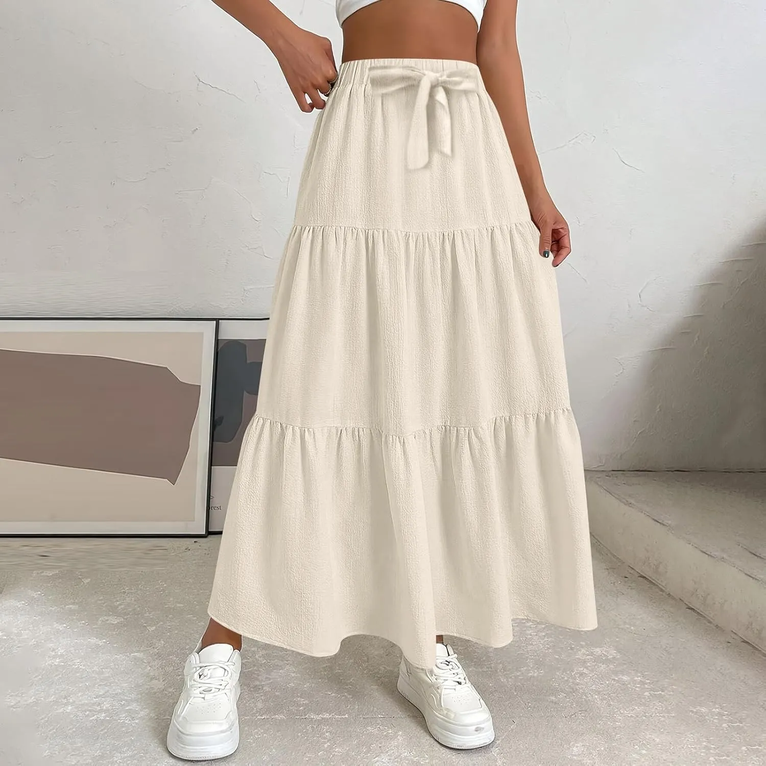 Maxi Skirts for Women Trendy High Waisted Flowy Tiered Linen Skirt Casual Pleated A-Line Beach Long Skirts with Tie
