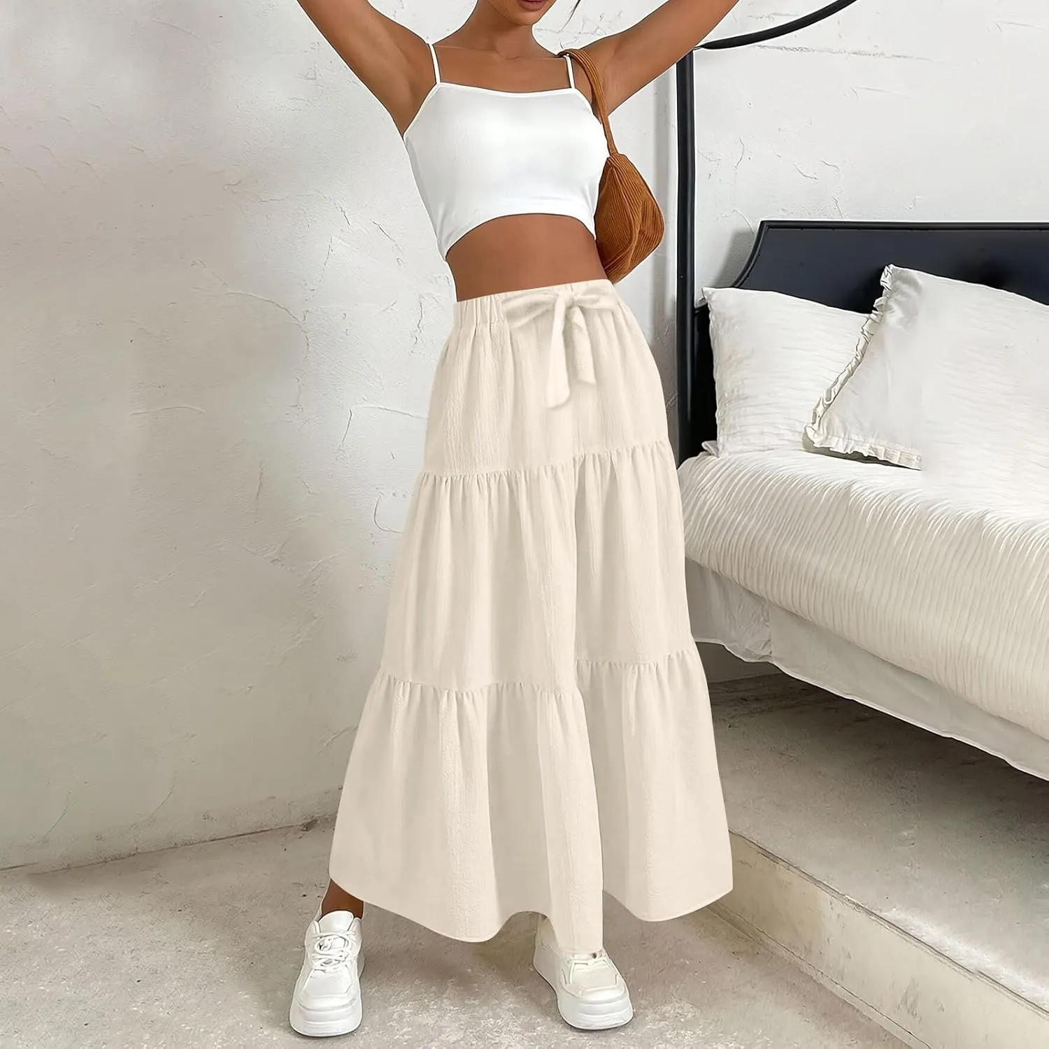 Maxi Skirts for Women Trendy High Waisted Flowy Tiered Linen Skirt Casual Pleated A-Line Beach Long Skirts with Tie