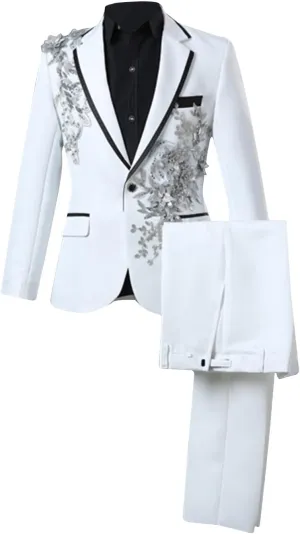 Mens 2 Pieces Luxury Applique Suits 1 Button Print Dinner Tuxedo Jacket Prom Wedding Elegant Blazer Dress Suit
