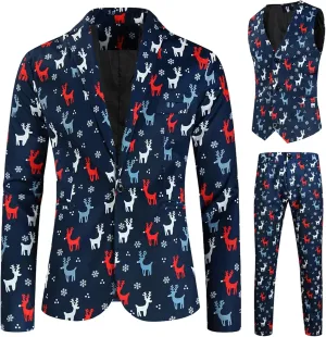 Mens 3 Piece Christmas Blazer Suit Sets Party Costumes Suits Xmas Festival Outfit Tuxedo Blazers Vest Pants Set