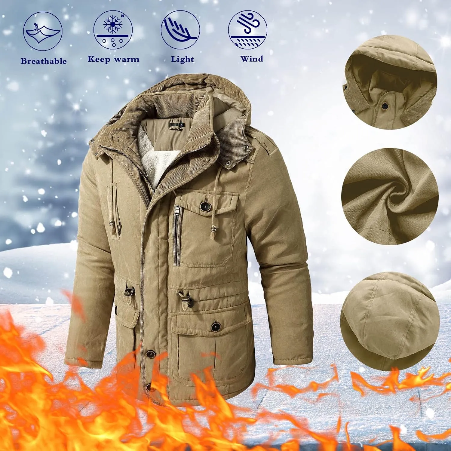 Men's Cargo Jacket 2024 Winter Warm Coats Fleece Lined Jackets with Removable Hood Ski Snow Mountain Windproof Overcoat