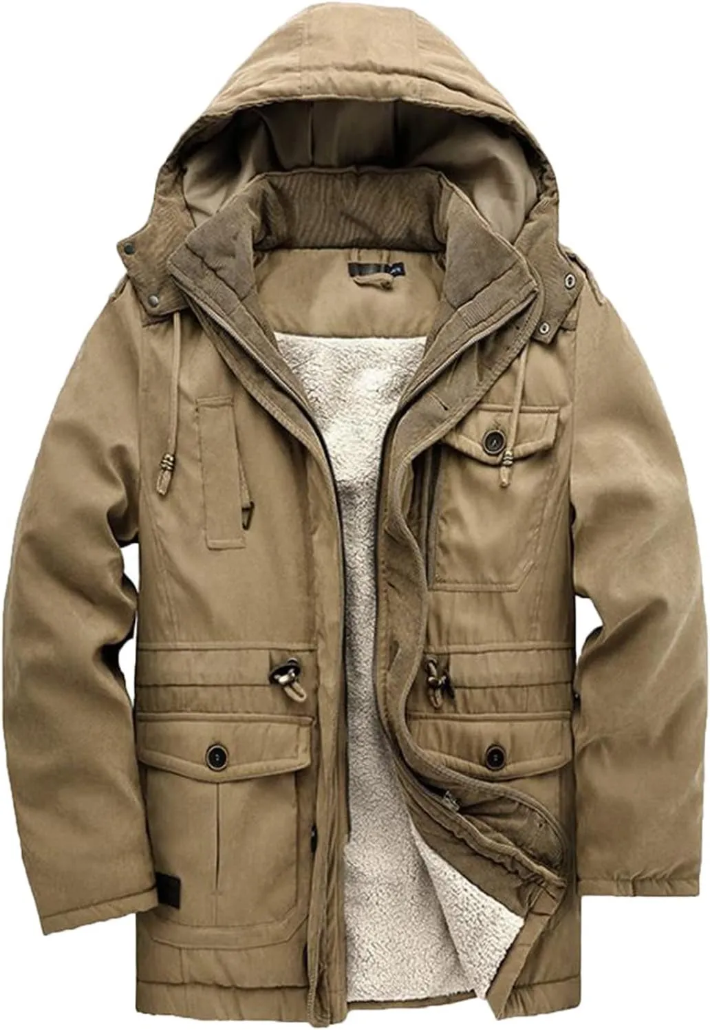 Men's Cargo Jacket 2024 Winter Warm Coats Fleece Lined Jackets with Removable Hood Ski Snow Mountain Windproof Overcoat