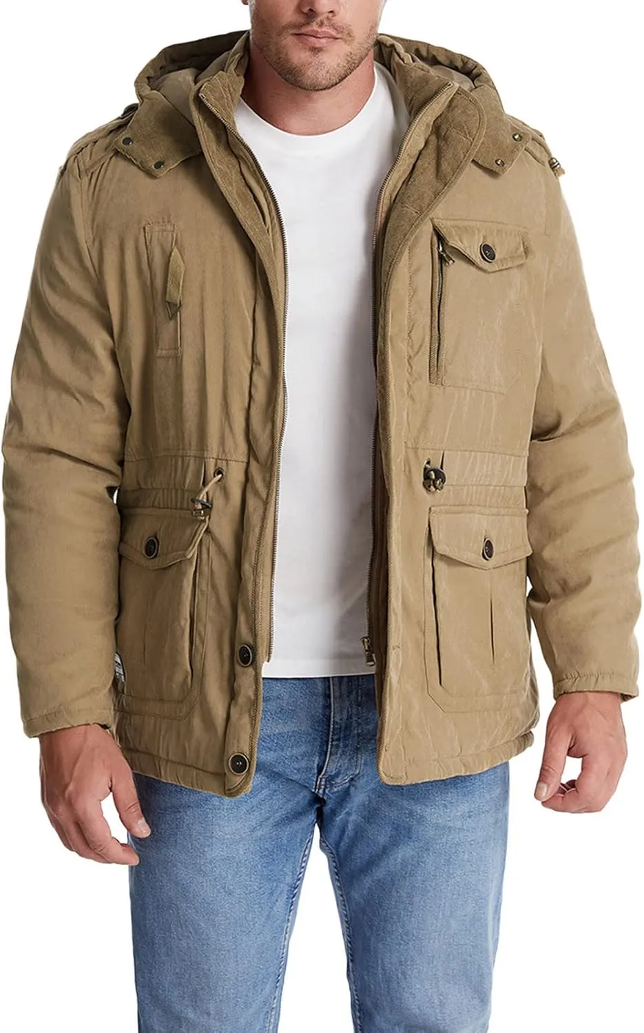 Men's Cargo Jacket 2024 Winter Warm Coats Fleece Lined Jackets with Removable Hood Ski Snow Mountain Windproof Overcoat