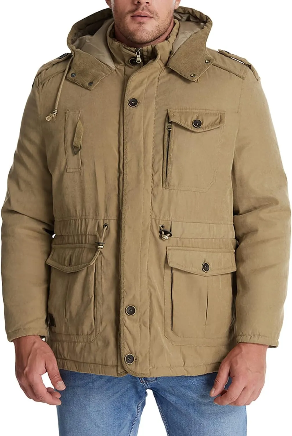 Men's Cargo Jacket 2024 Winter Warm Coats Fleece Lined Jackets with Removable Hood Ski Snow Mountain Windproof Overcoat