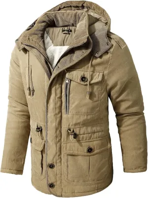 Men's Cargo Jacket 2024 Winter Warm Coats Fleece Lined Jackets with Removable Hood Ski Snow Mountain Windproof Overcoat
