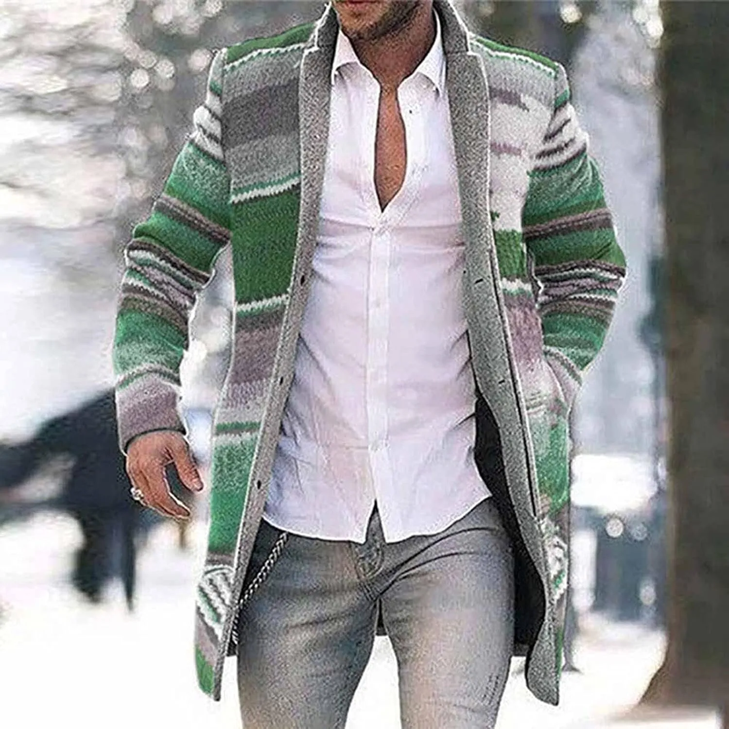 Men's Casual Color Block Trench Coat Slim Fit Notched Collar Long Jacket Overcoat Single Breasted Peacoat wih Pocket