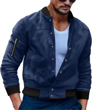 Men's Casual Suede Bomber Jacket Lightweight Snap Button Down Jackets Vintage Faux Leather Jacket for Men