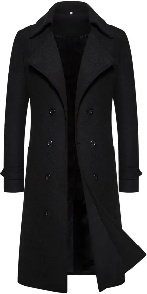 Men's Casual Winter Peacoat Wool Blend Notched Collar Trench Overcoat with Pockets