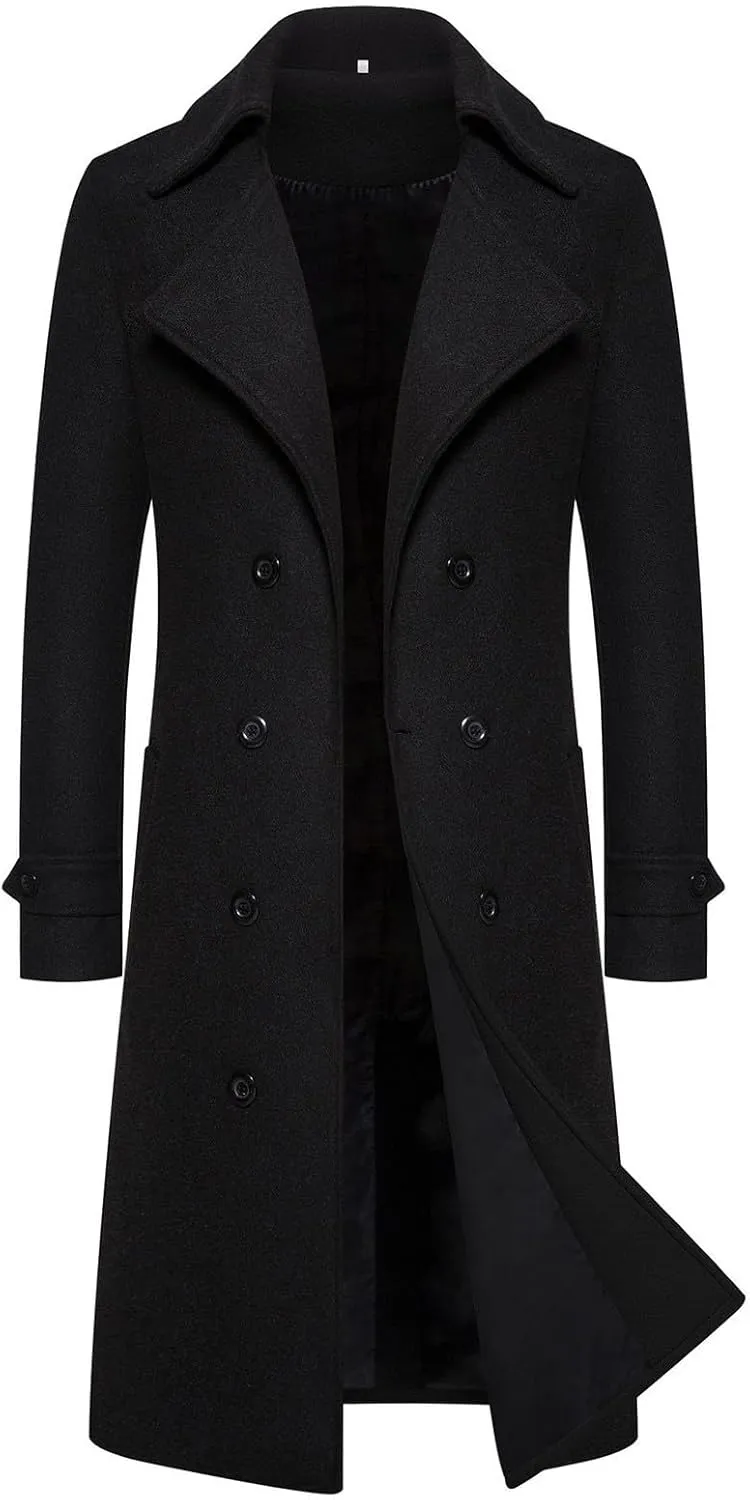 Men's Casual Winter Peacoat Wool Blend Notched Collar Trench Overcoat with Pockets