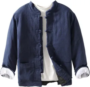 Men's Chinese Style Collarless Button-Up Thickened Cotton Padded Coat - Loose Casual Coat