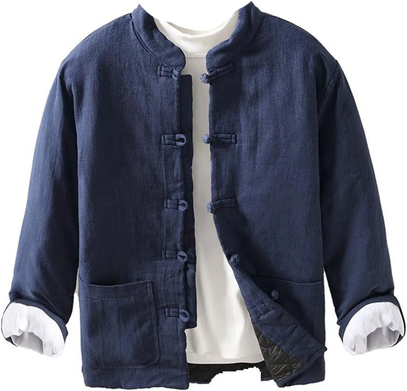 Men's Chinese Style Collarless Button-Up Thickened Cotton Padded Coat - Loose Casual Coat