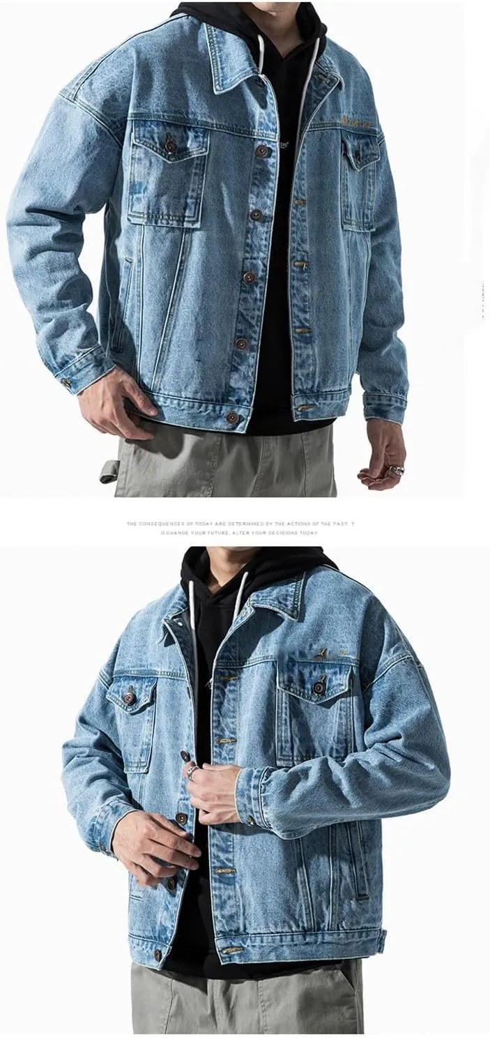 Men's Denim Jacket Male's Loose Workwear Korean Style Denim Coat