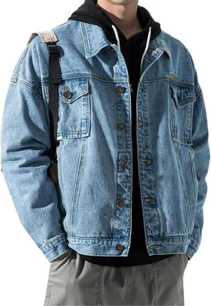Men's Denim Jacket Male's Loose Workwear Korean Style Denim Coat