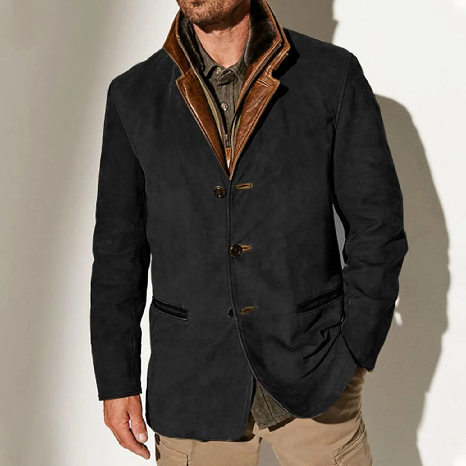 Men's Faux Leather Jacket Double Lapel Casual Work Cargo Jacket Vintage Style Leather Blazer Windproof Coat with Button