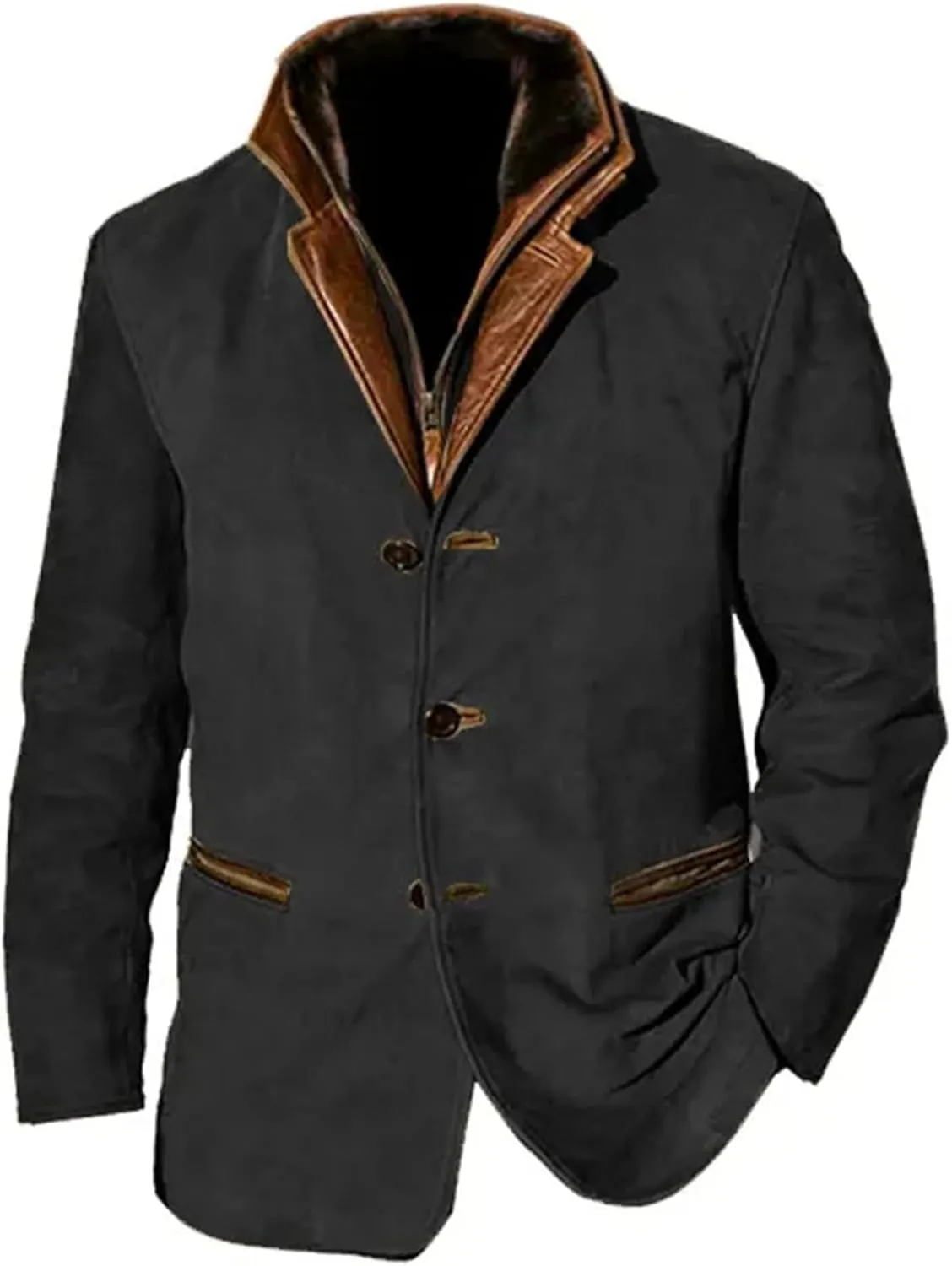 Men's Faux Leather Jacket Double Lapel Casual Work Cargo Jacket Vintage Style Leather Blazer Windproof Coat with Button