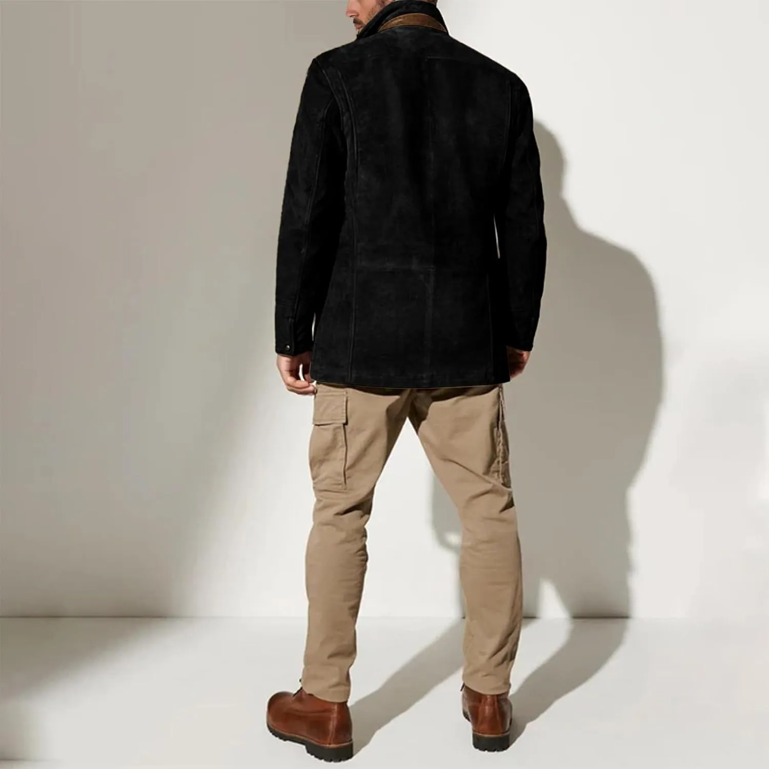 Men's Faux Leather Jacket Double Lapel Casual Work Cargo Jacket Vintage Style Leather Blazer Windproof Coat with Button