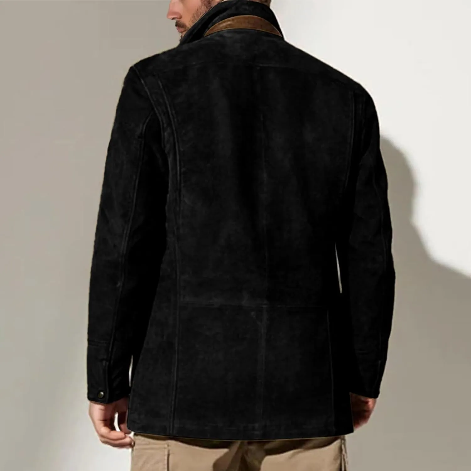 Men's Faux Leather Jacket Double Lapel Casual Work Cargo Jacket Vintage Style Leather Blazer Windproof Coat with Button