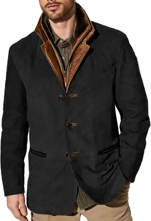 Men's Faux Leather Jacket Double Lapel Casual Work Cargo Jacket Vintage Style Leather Blazer Windproof Coat with Button