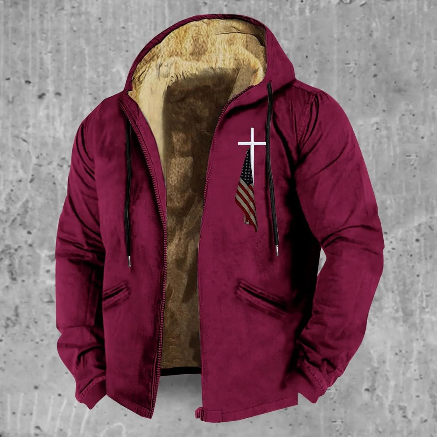 Mens Fleece Jacket 3D Printed Flag Hooded Brown Zipper Personalized Casual Cotton Jacket Men Shorts China Jacket Men
