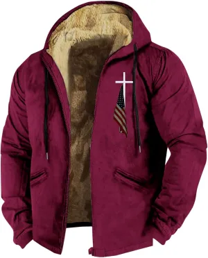 Mens Fleece Jacket 3D Printed Flag Hooded Brown Zipper Personalized Casual Cotton Jacket Men Shorts China Jacket Men
