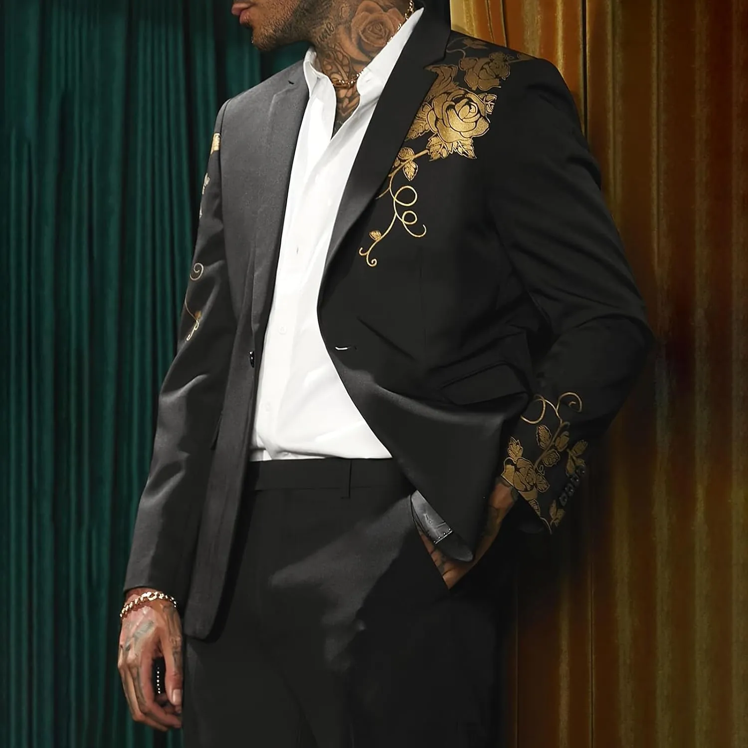 Mens Floral Blazer Jacket Paisley Shawl Lapel Golden Rose Pattern Suit Dinner Party Prom Wedding Tuxedo Sport Coats