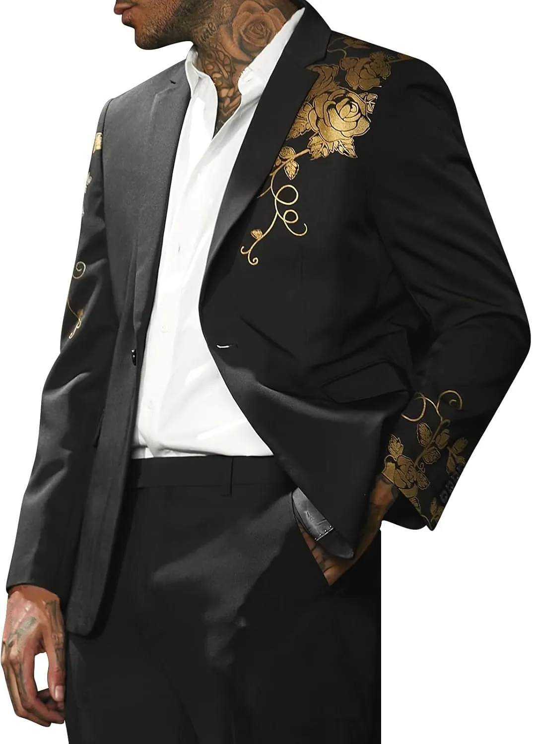 Mens Floral Blazer Jacket Paisley Shawl Lapel Golden Rose Pattern Suit Dinner Party Prom Wedding Tuxedo Sport Coats