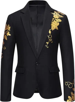 Mens Floral Blazer Jacket Paisley Shawl Lapel Golden Rose Pattern Suit Dinner Party Prom Wedding Tuxedo Sport Coats