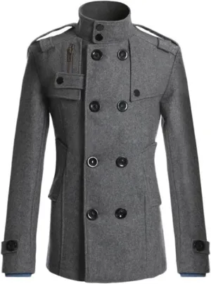 Men's Jacket Stand Collar Windproof Pea Coat Double Breasted Long Pea Coat Fall Winter Trench Coat for Men