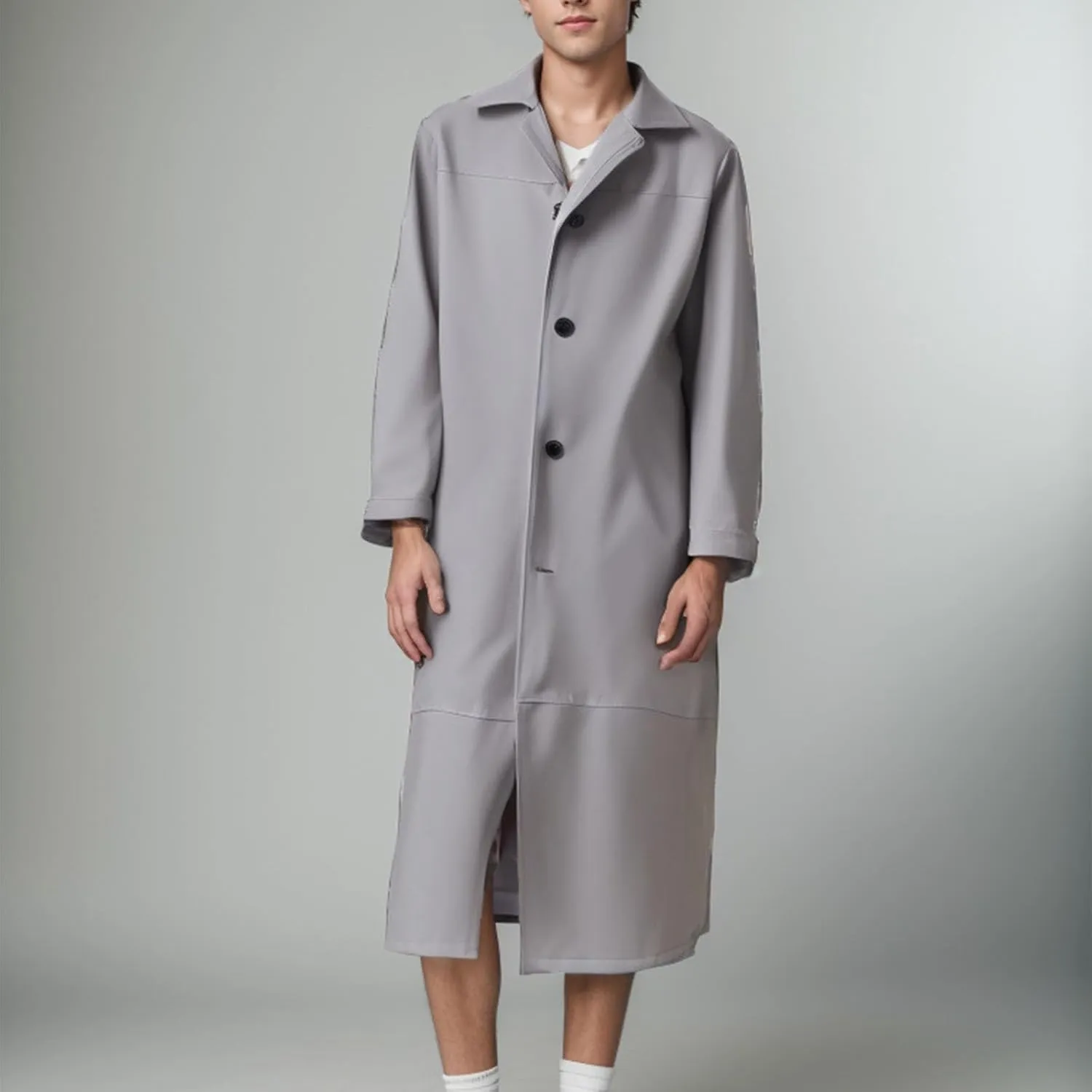 Mens Leather Trench Coat Full Length Black Classic Faux Leather Long Coat Fall & Winter Fashion Outwear Clothes 2024