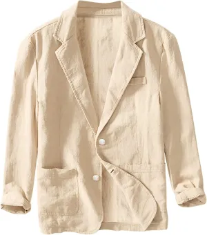 Men's Linen Business Suits Jacket Casual Loose Fitting Lightweight Fashion Solid Color Single Breasted Sport Coat