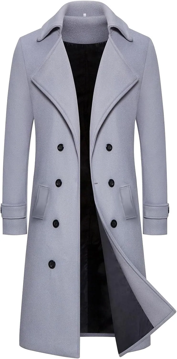 Men's Notched Collar Wool Blend Pea Coat Winter Single Breasted Classic Overcoat with Pockets