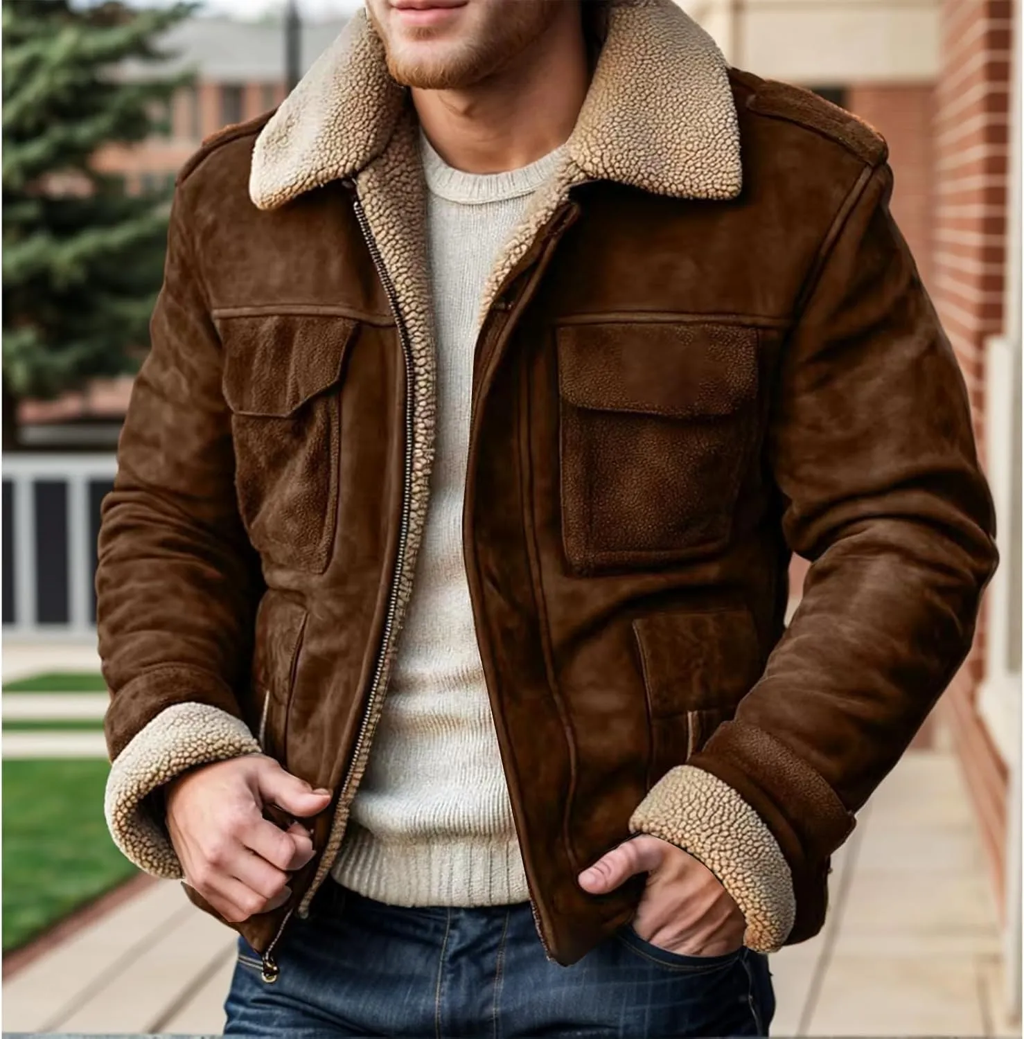 Mens Shearling Bomber B3 Coats Winter RAF Aviator Faux Leather Suede Jackets Vintage Sherpa Lined Fleece Overcoats