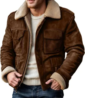 Mens Shearling Bomber B3 Coats Winter RAF Aviator Faux Leather Suede Jackets Vintage Sherpa Lined Fleece Overcoats