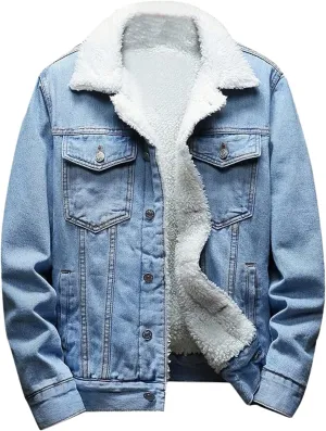 Men's Sherpa Fleece Lined Denim Jacket Warm Winter Trucker Jacket Cowboy Jean Jacket Thicken Faux Fur Jacket Coats