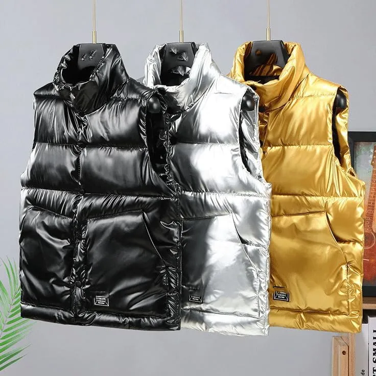 Men's Sleeveless Down Vest Gilet Shiny Punk Coat Cotton Padded Puffer Vest Jacket, Winter Warm Vest Coat for Men