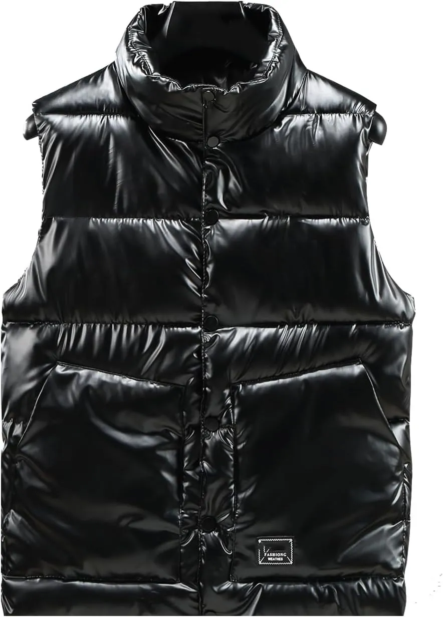 Men's Sleeveless Down Vest Gilet Shiny Punk Coat Cotton Padded Puffer Vest Jacket, Winter Warm Vest Coat for Men