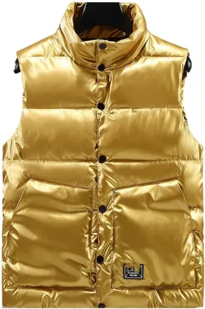 Men's Sleeveless Down Vest Gilet Shiny Punk Coat Cotton Padded Puffer Vest Jacket, Winter Warm Vest Coat for Men
