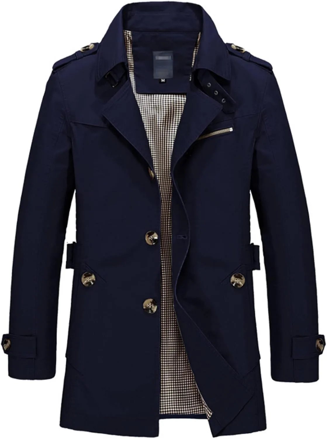 Men's Slim Notched Collar Single Breasted Cotton Jacket Office Trench Coat Classic Pea Coats Mid Long Lapel Jackets