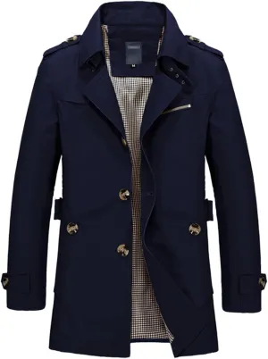 Men's Slim Notched Collar Single Breasted Cotton Jacket Office Trench Coat Classic Pea Coats Mid Long Lapel Jackets