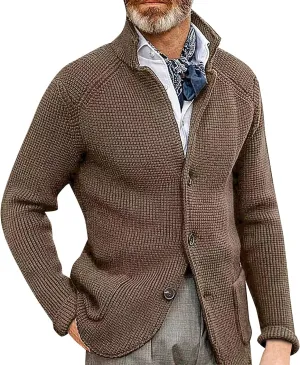 Mens Sweater Blazer Knitted Cardigan Sweater Sport Coat Casual Warm Stand Collar Chunky Button Down Wool Suit Jacket