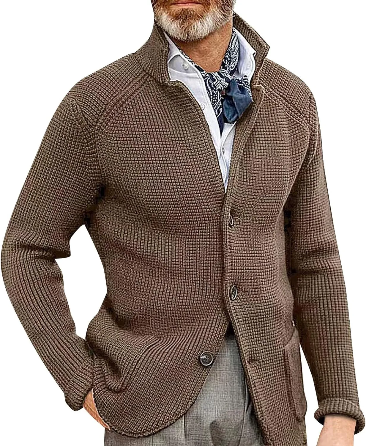 Mens Sweater Blazer Knitted Cardigan Sweater Sport Coat Casual Warm Stand Collar Chunky Button Down Wool Suit Jacket