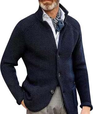 Mens Sweater Blazer Knitted Cardigan Sweater Sport Coat Casual Warm Stand Collar Chunky Button Down Wool Suit Jacket