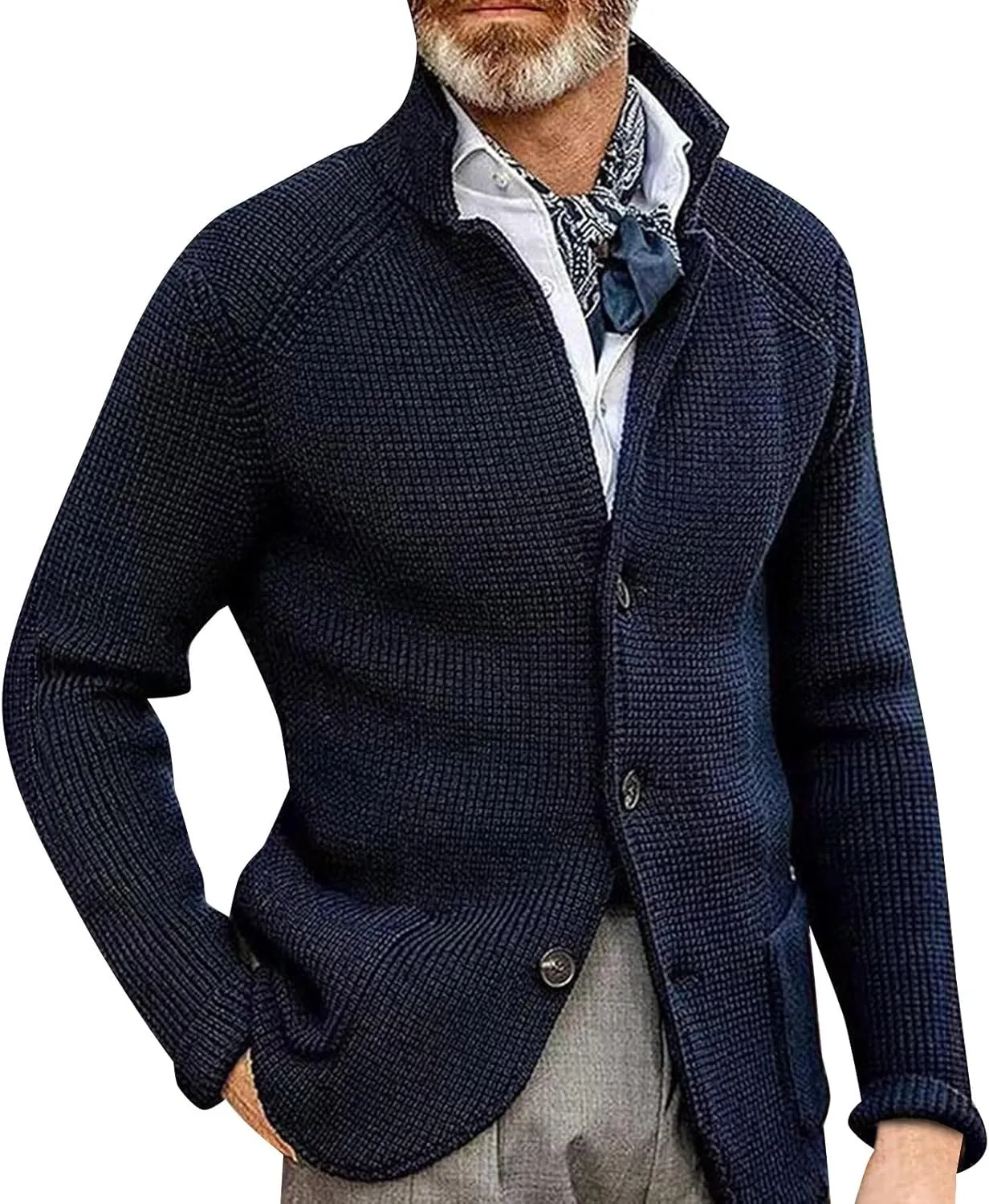 Mens Sweater Blazer Knitted Cardigan Sweater Sport Coat Casual Warm Stand Collar Chunky Button Down Wool Suit Jacket