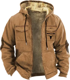 Men's Thermal Hooded Puffer Jacket Winter Coats Western Cowboy 3D Printed Hooded Brown Men's Winter Jacket with Hood