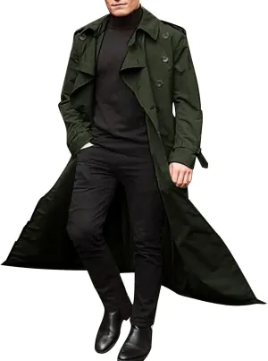 Mens Trench Coat Double Breasted Slim Fit Long Jacket Notched Lapel Belt Fall Casual Windproof Coat Big Tall Jacket
