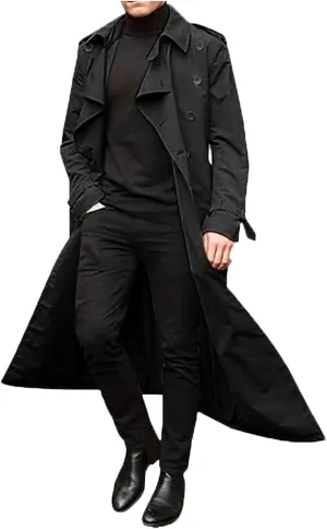 Mens Trench Coat Double Breasted Slim Fit Long Jacket Notched Lapel Belt Fall Casual Windproof Coat Big Tall Jacket