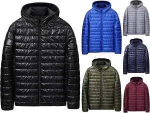 Mens Ultralight Highly Compressible Puffer Jacket Hooded Insulated Down Filled Bubble Quilted Packable Outerwear