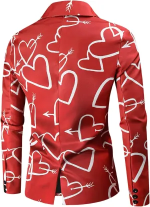 Mens Valentine's Day Tuxedo Jacket Wedding Blazer Love Heart Print One Button Dress Suit Dinner Floral Tuxedo Jacket
