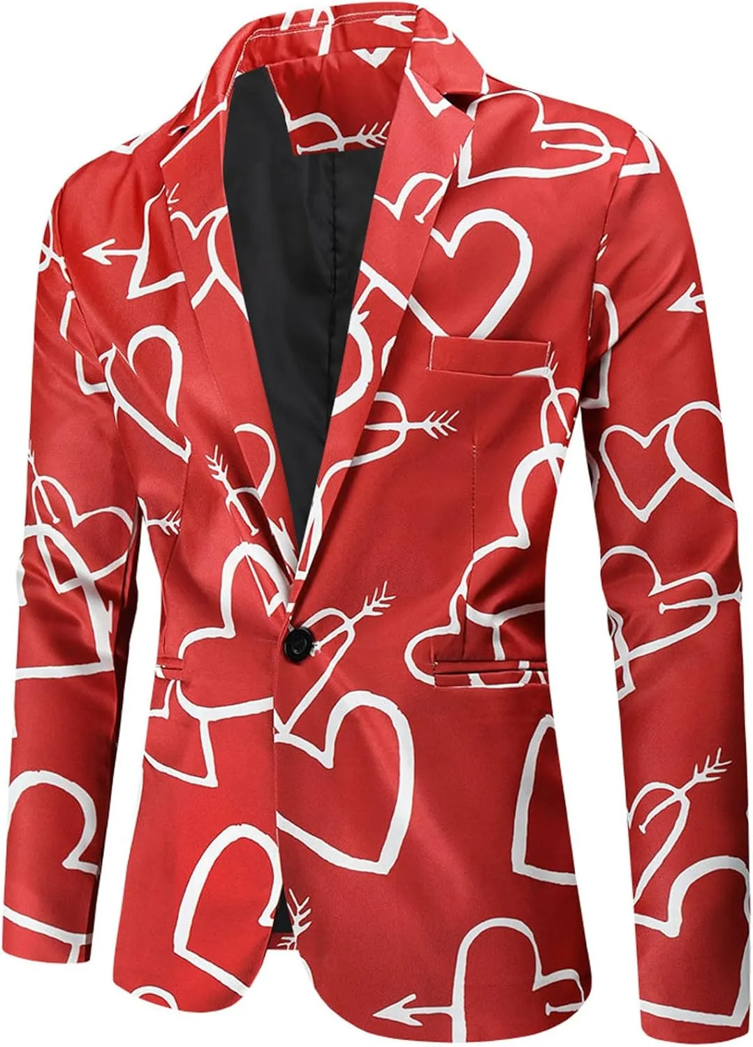 Mens Valentine's Day Tuxedo Jacket Wedding Blazer Love Heart Print One Button Dress Suit Dinner Floral Tuxedo Jacket