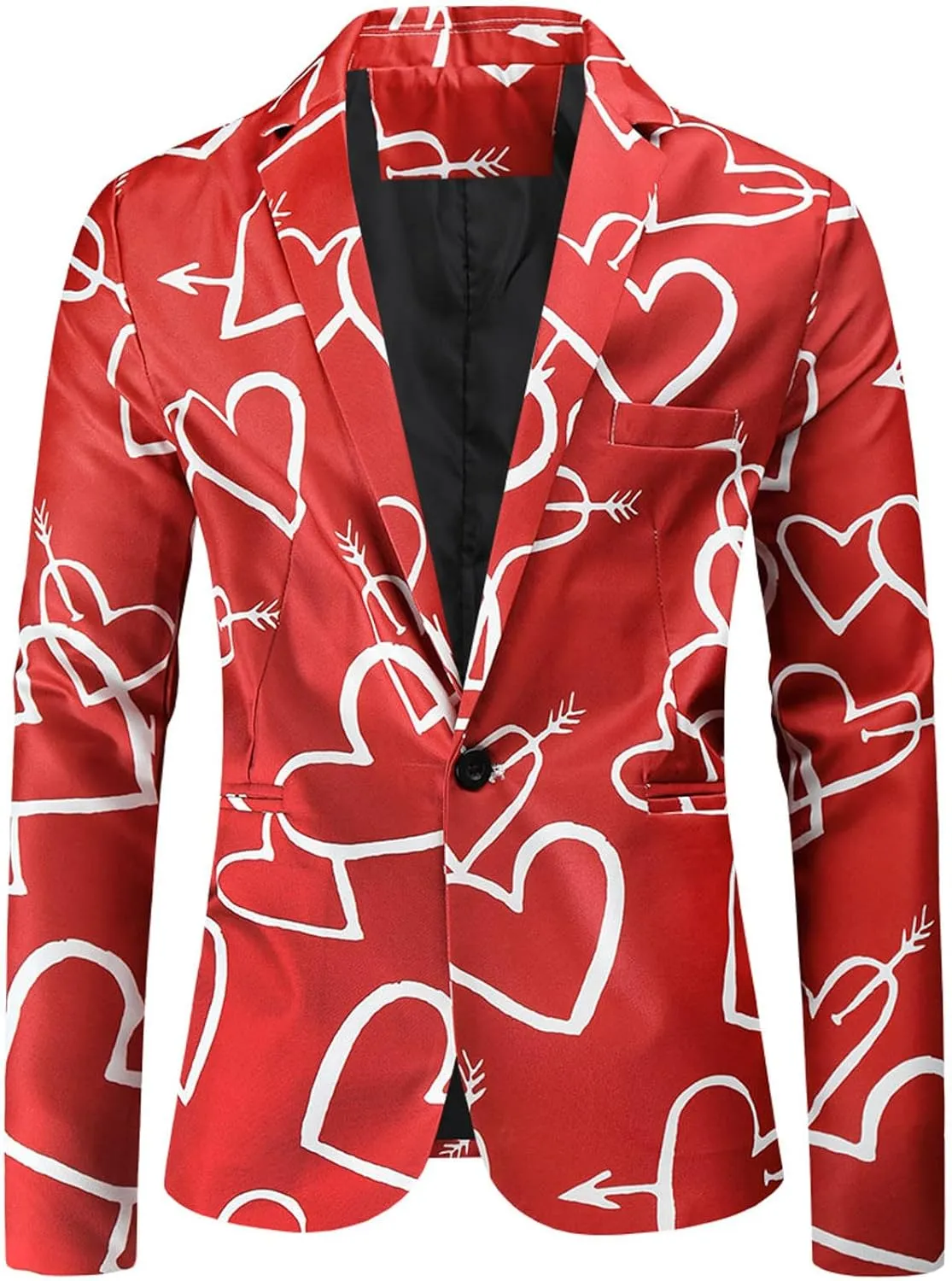 Mens Valentine's Day Tuxedo Jacket Wedding Blazer Love Heart Print One Button Dress Suit Dinner Floral Tuxedo Jacket
